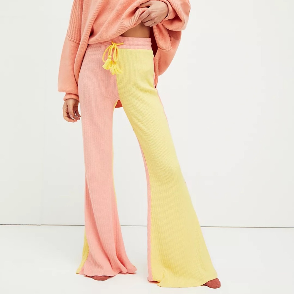 LoveShackFancy Peach Yellow Ribbed Knit High Rise Flare Pants Peach Combo